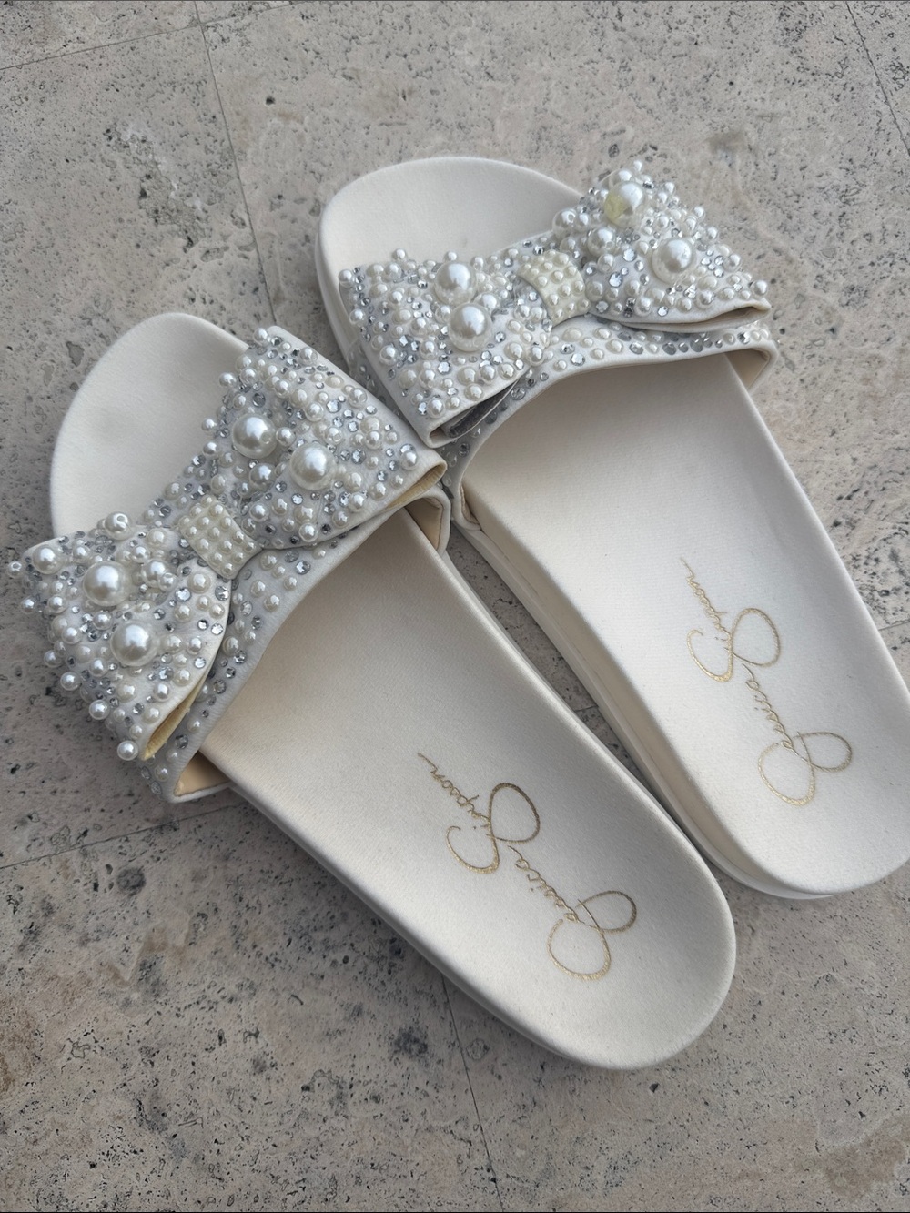 Jessica Simpson Pearl-Embellished White Slide Sandals - Women